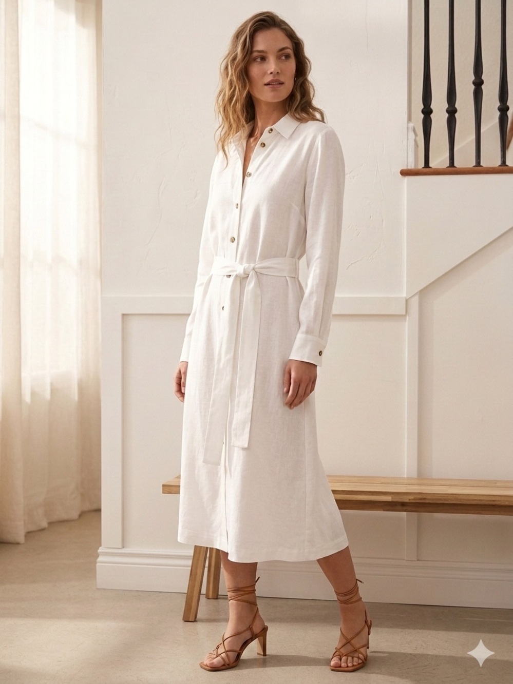 Boston Proper White Linen Blend Long-Sleeve Shirt Dress with Waist Tie NWT XL